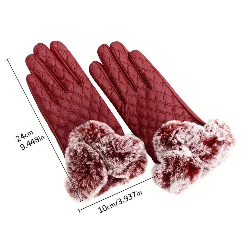 Faux Fur Cuffs Gloves PU Leather Mature Mittens